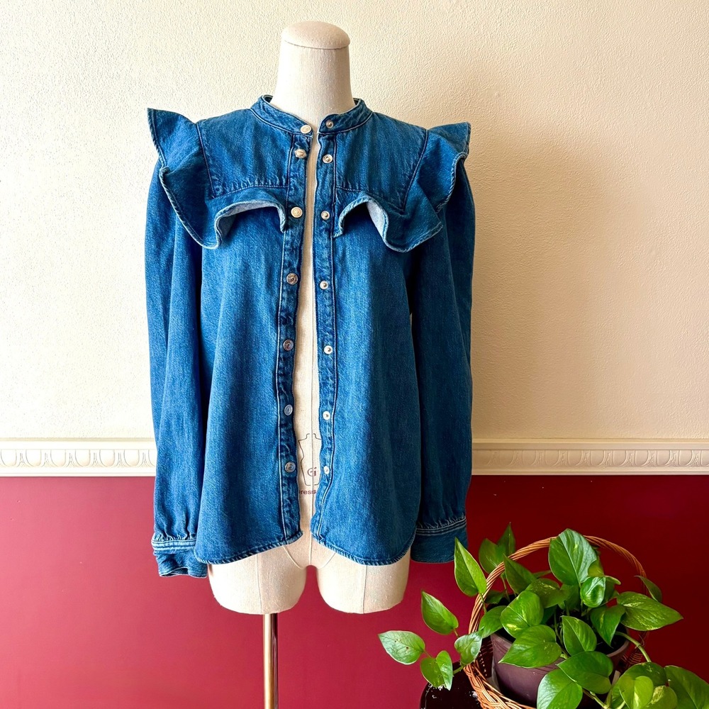 Zara Denim Ruffle Snap Front Shirt Jacket Blue 100% Cotton M Feminine Western